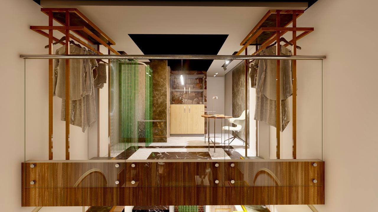 Rendu 3D de l’intérieur d’une boutique avec portants sur mesure