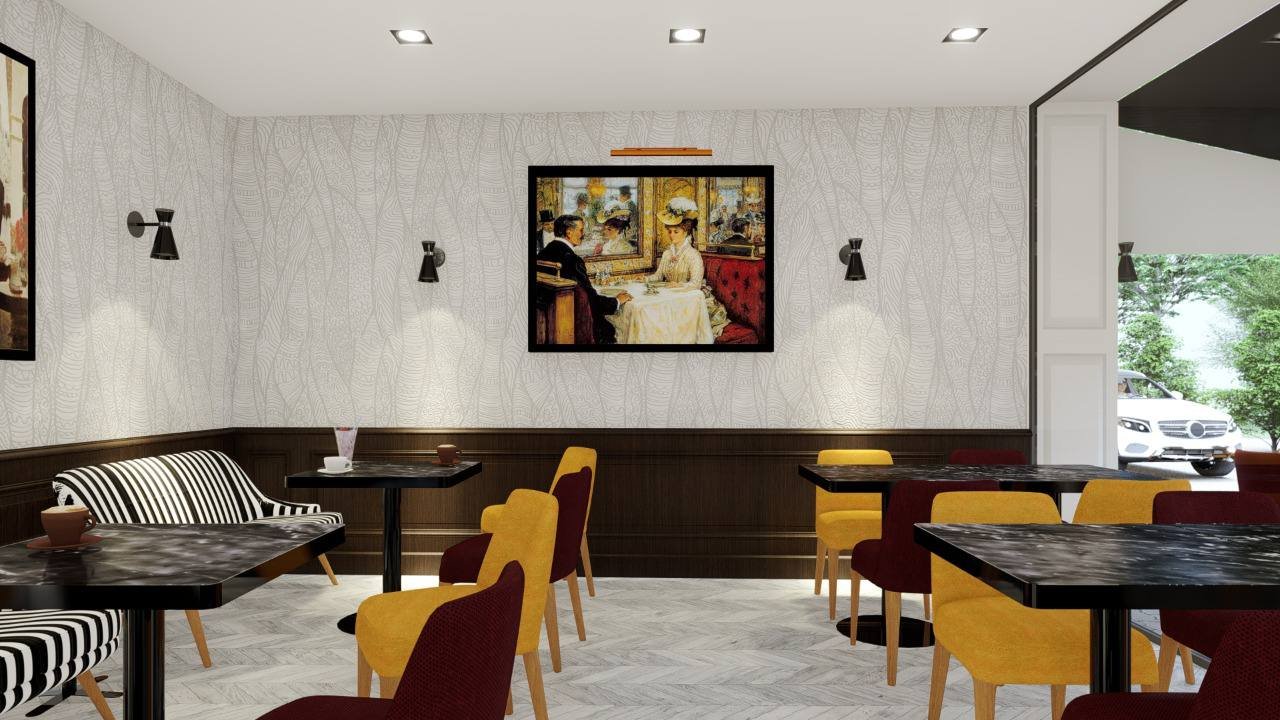 Rendu 3D d’un café avec banquettes rayées et fauteuils jaunes