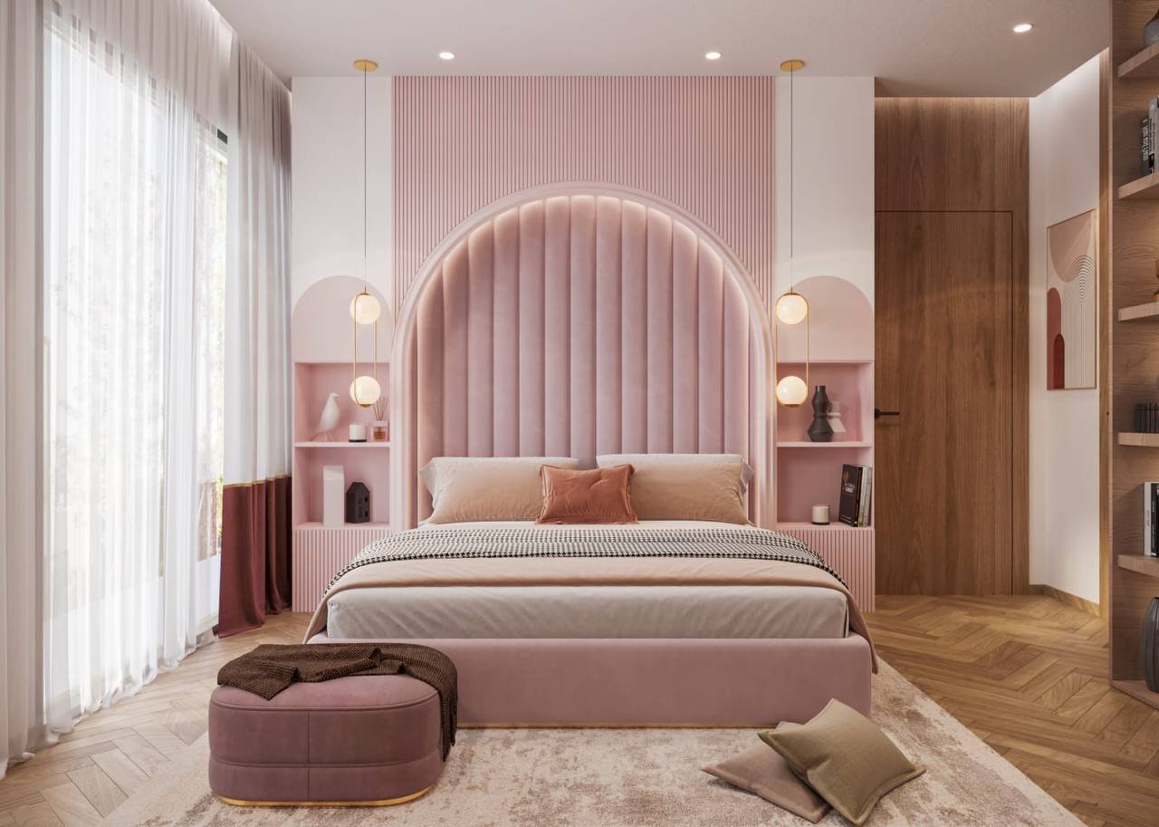 Rendu 3D d’une chambre avec tête de lit cintrée en velours rose
