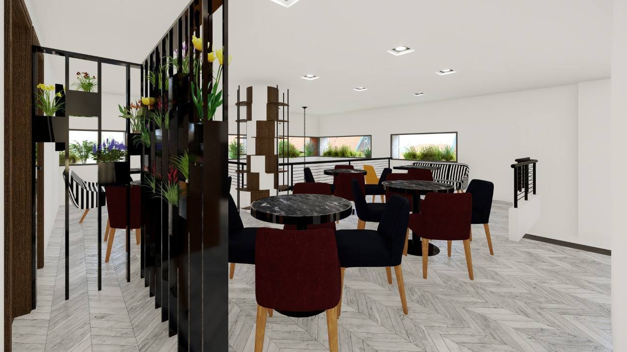 Rendu 3D d’une salle de restaurant avec claustra végétalisé