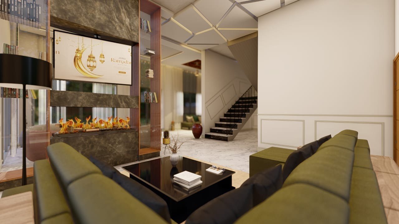 Rendu 3D d'un double séjour avec faux plafond sculpté et escalier