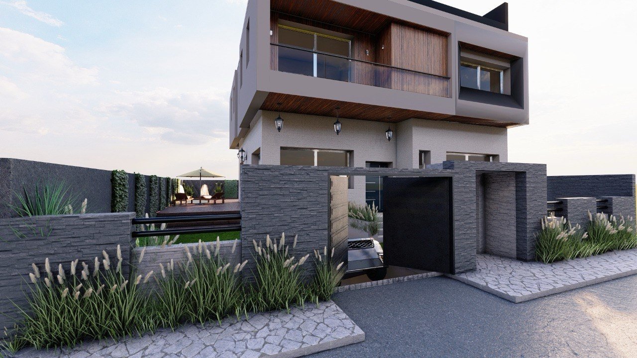 Rendu 3D d'une entrée de villa avec mur en pierre naturelle