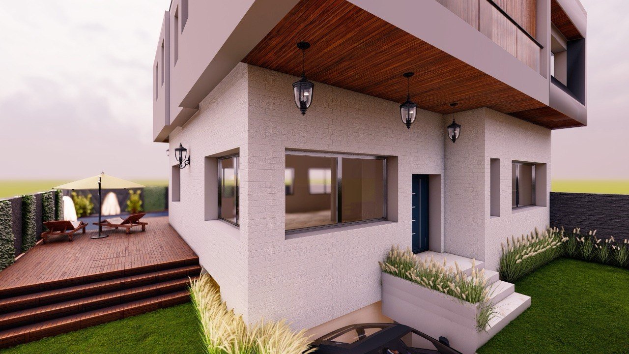 Rendu 3D d'une terrasse en bois avec piscine et transats